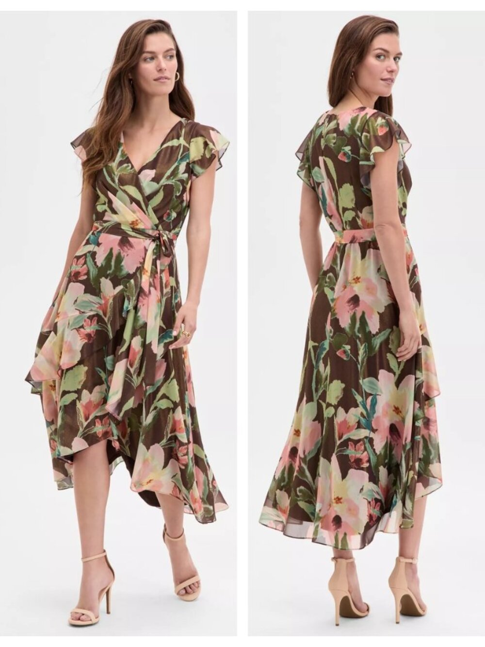 Adrianna Papell Shimmering Floral High-Low Midi Wrap Dress